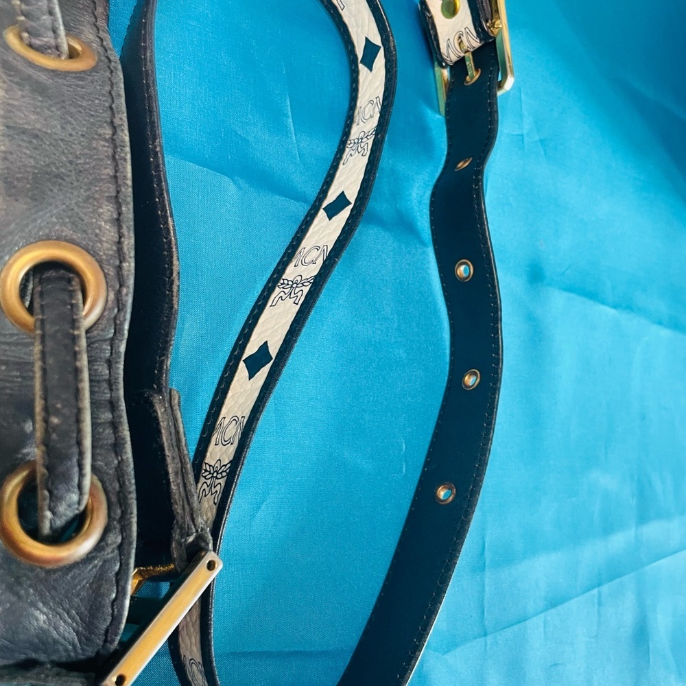 MCM White and Blue Monogram Drawstring Bucket Shoulder Bag - Picture 9 of 14